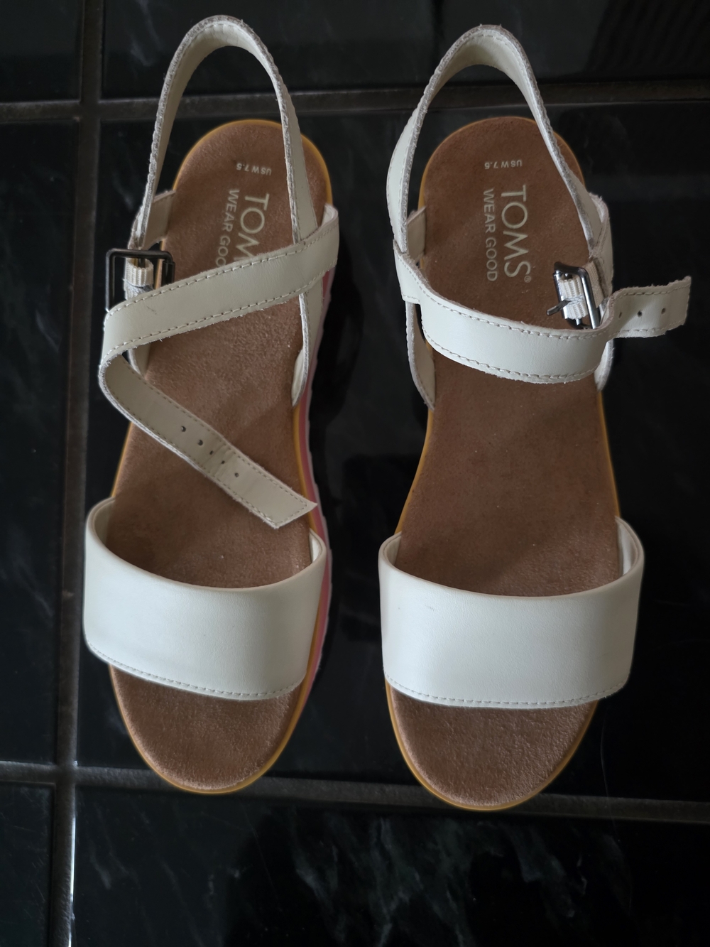 TOMS White Leather Ankle-Strap Sandals with Brown Footbed